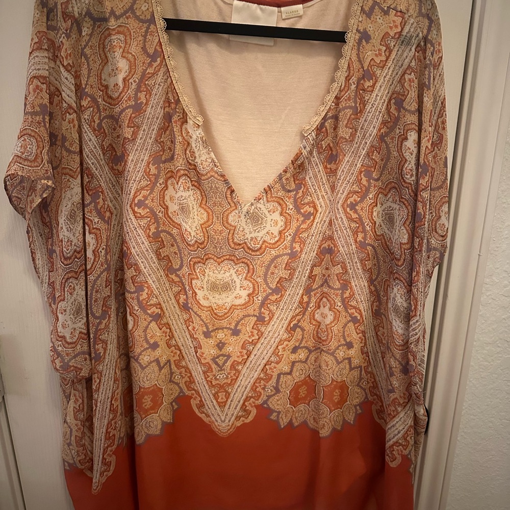 Maeve Paisley V-Neck Lined Blouse - Orange and Cream